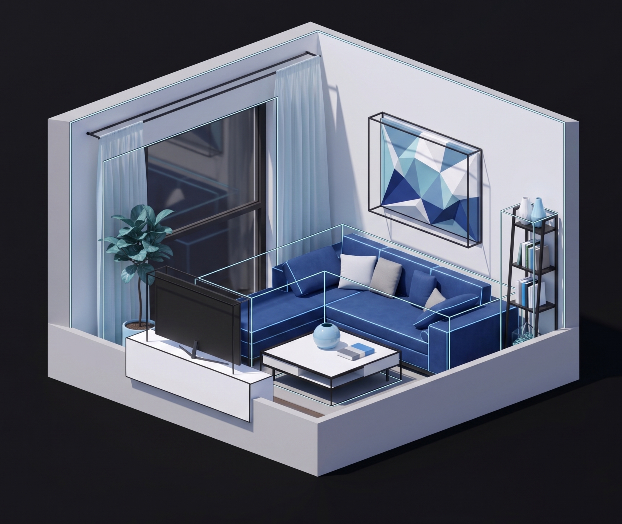 A 3D isometric visualization showing a digital scan of a room, highlighting a blue couch and other furniture.